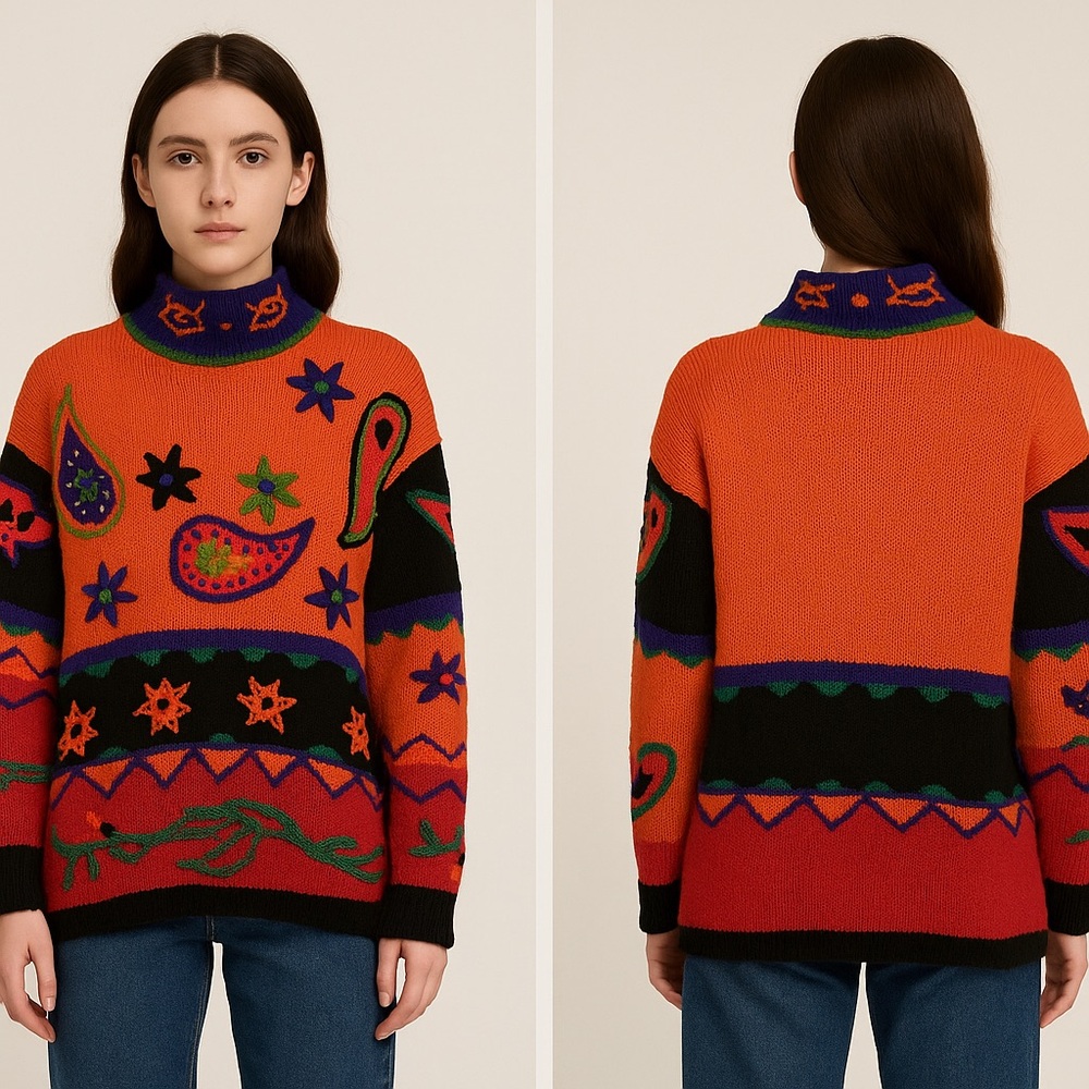 The Limited Vintage 80s/90s Orange‎ Embroidered Tunic Sweater Sz. S Petite